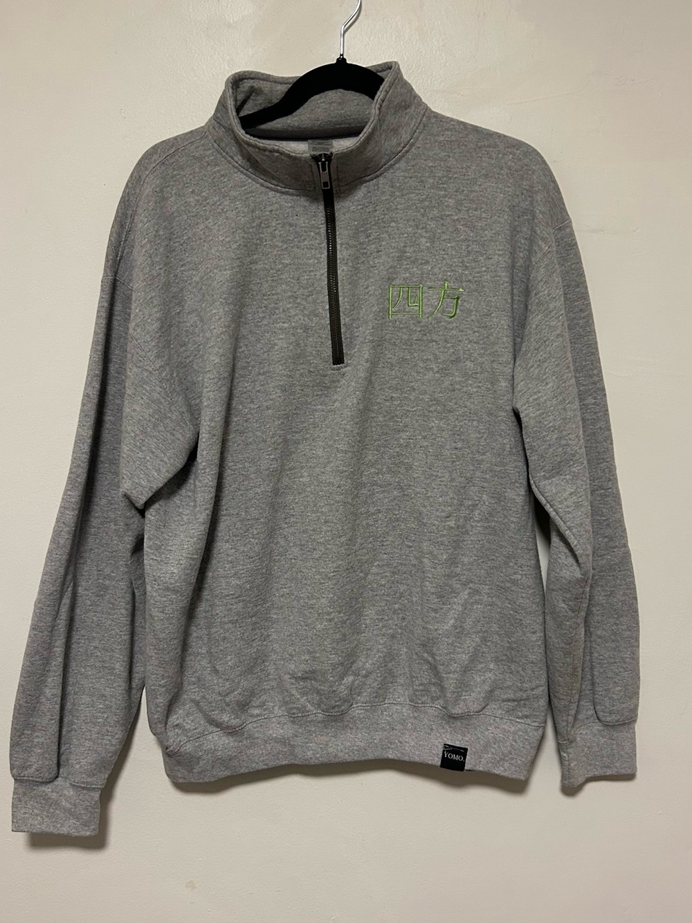 Unisex Gray Half-Zip Sweatshirt with Green Embroidery
